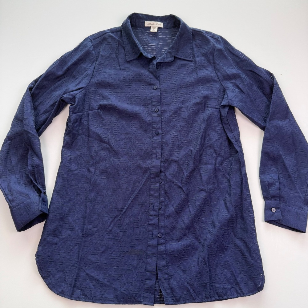 Coldwater Creek Navy Blue Burnout Damask Button Down Tunic Shirt Womens Medium